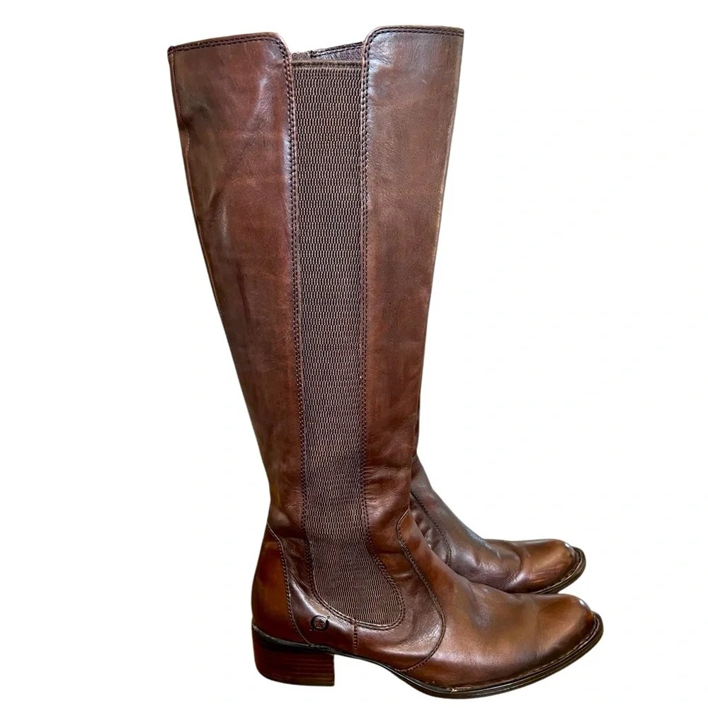 Born Brown Leather Boots with Block Heel 7.5 size stretch calf excellent condit - Picture 3 of 12